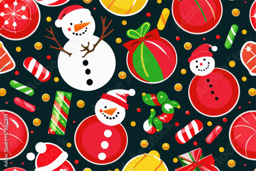 Vector christmas pattern with cartoon funny
snowman in red hat of santa claus, 
candies, lollipop, toys ball
 on a black background. 2024 New Year's fashion
ornament for fabric, paper, textiles.