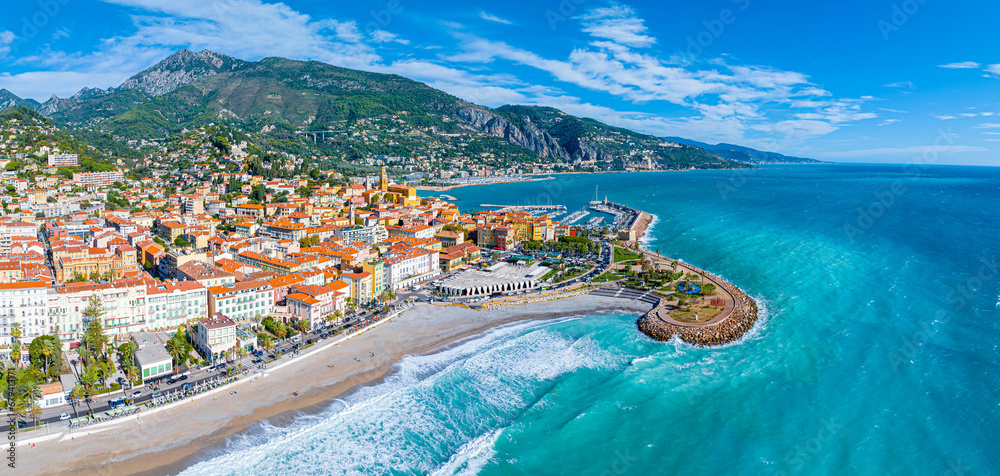 View of Menton, a town on the French Riviera in southeast France known for beaches and the Serre de la Madone garden - obrazy, fototapety, plakaty 
