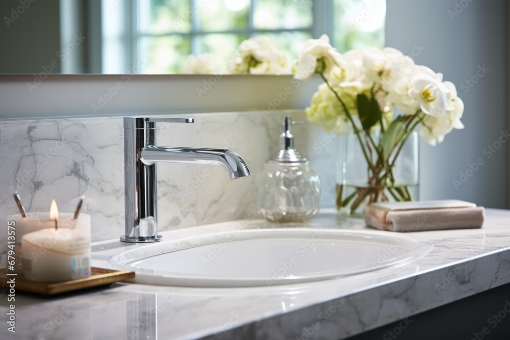 Modern faucet and washbasin in modern bathroom, closeup Modern faucet and washbasin in modern bathroom, closeup
