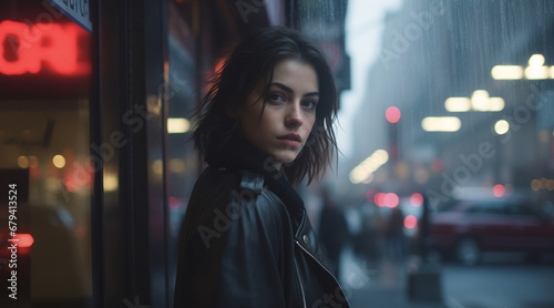 Portrait of an attractive young woman, New York, fog, city, Reflection, Illuminated signs, photorealistic + hyperrealistic © Enrique