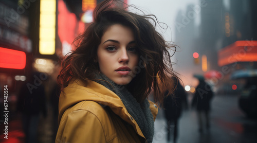 Portrait of an attractive young woman, New York, fog, city, Reflection, Illuminated signs, photorealistic + hyperrealistic