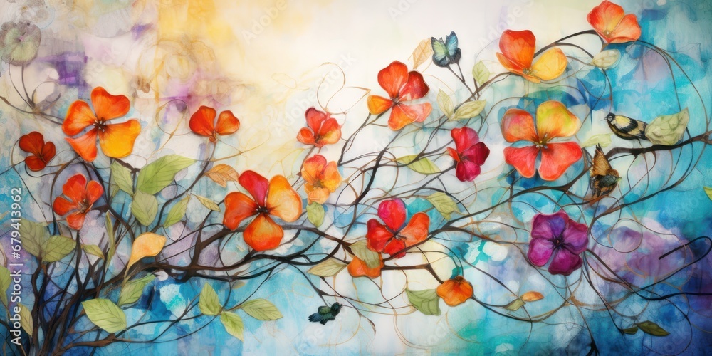 Tapestry of beautiful colorful interconnected vines and flowers, abstract background for spring flyers, artwork
