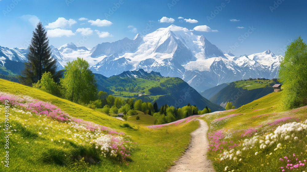 Obraz premium Idyllic mountain landscape in the Alps with blooming meadows in springtime.