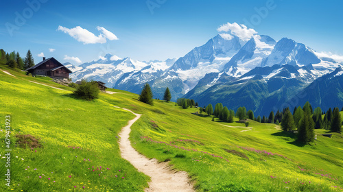 Idyllic mountain landscape in the Alps with blooming meadows in springtime.