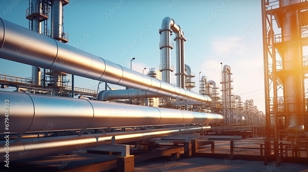 Naklejka premium Pipeline and pipe rack of petroleum, chemical, hydrogen or ammonia industrial plant. Industrial zone Close up.