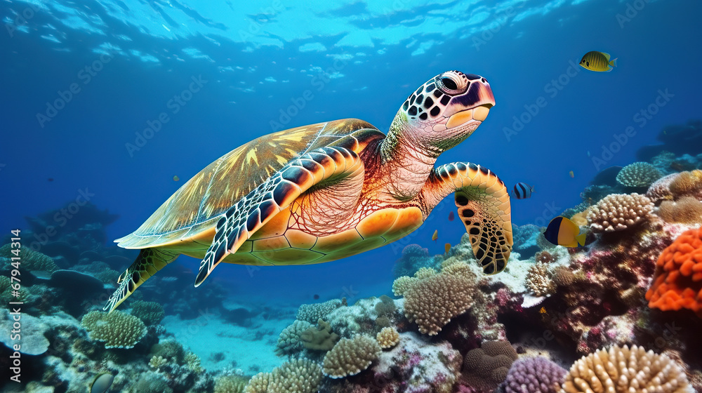 A large sea turtle sitting on a coral reef in the Red Sea.