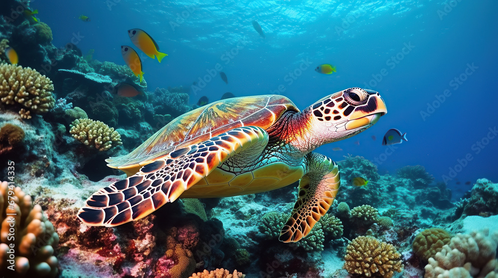 A large sea turtle sitting on a coral reef in the Red Sea.