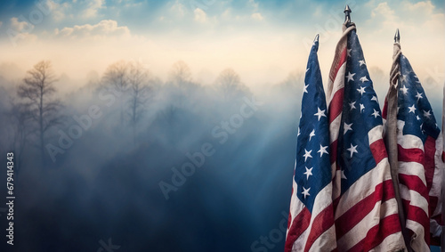 Happy Veterans Day background, American flags against a blue fog background