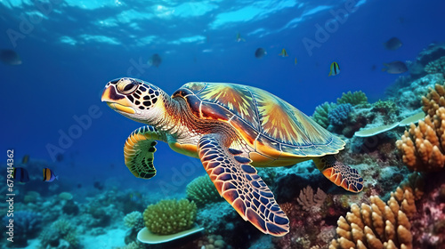 A large sea turtle sitting on a coral reef in the Red Sea. © Santy Hong