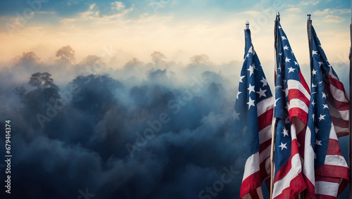 Happy Veterans Day background, American flags against a blue fog background photo