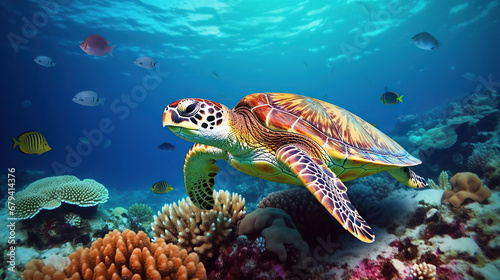 A large sea turtle sitting on a coral reef in the Red Sea. © Santy Hong