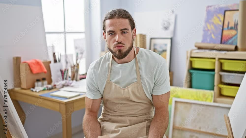 Young hispanic man artist sitting on chair with serious face at art studio Young hispanic man artist sitting on chair with serious face at art studio