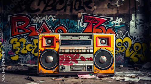 Retro old design ghetto blaster boombox radio cassette tape recorder from 1980s in a grungy graffiti covered room. music blaster.