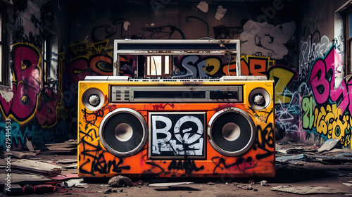 Retro old design ghetto blaster boombox radio cassette tape recorder from 1980s in a grungy graffiti covered room. music blaster. photo