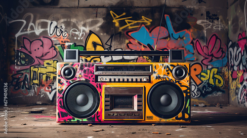 Retro old design ghetto blaster boombox radio cassette tape recorder from 1980s in a grungy graffiti covered room. music blaster.
