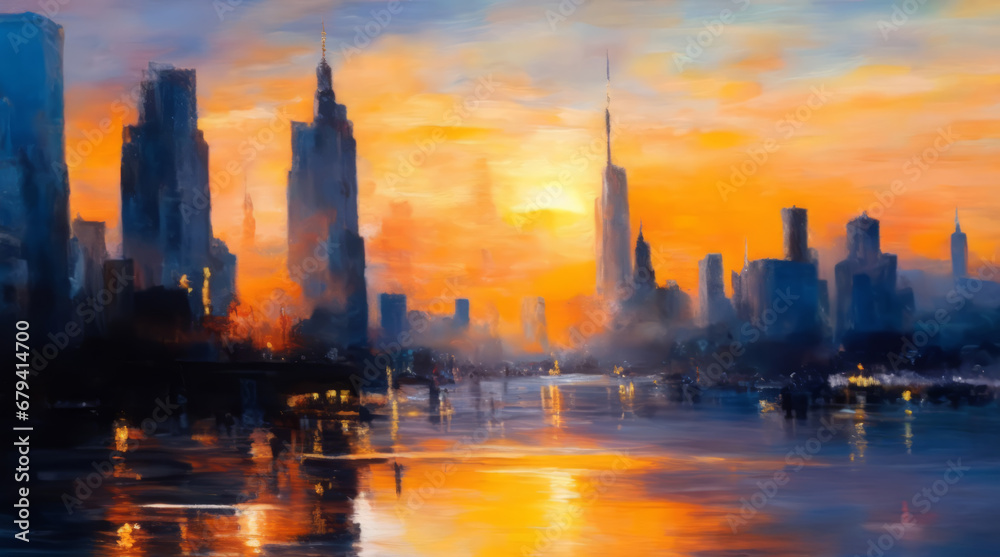 Sunset of the city, An oil painting art. Cityscape oil painting artwork. Warm tones at sunset, with a view of the sun and skyscrapers. Sea in the city.