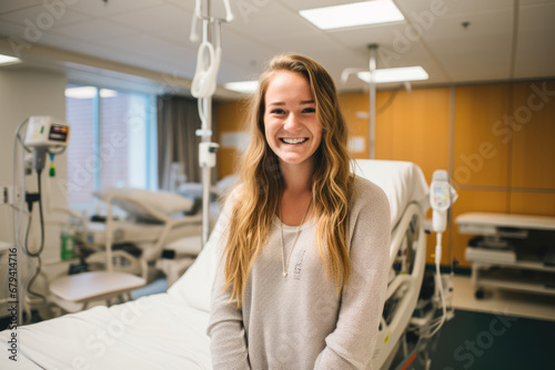 A young woman smiling in a hospital room.