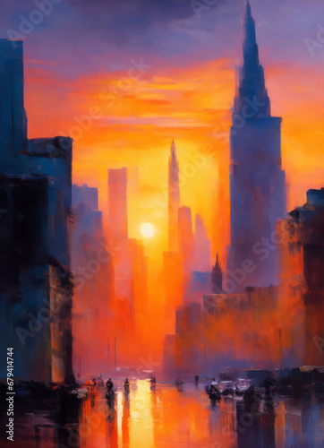 Sunset of the city  An oil painting art. Cityscape oil painting artwork. Warm tones at sunset  with a view of the sun and skyscrapers.