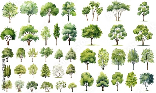 watercolor style illustration of summer or spring tree collection set, cartoon illustration isolated on white background,  Generative Ai  