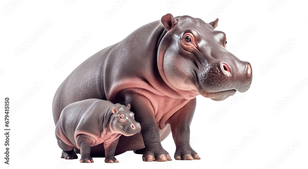 Adult hippopotamus with a hippo calf, cut out Adult hippopotamus with a hippo calf, cut out