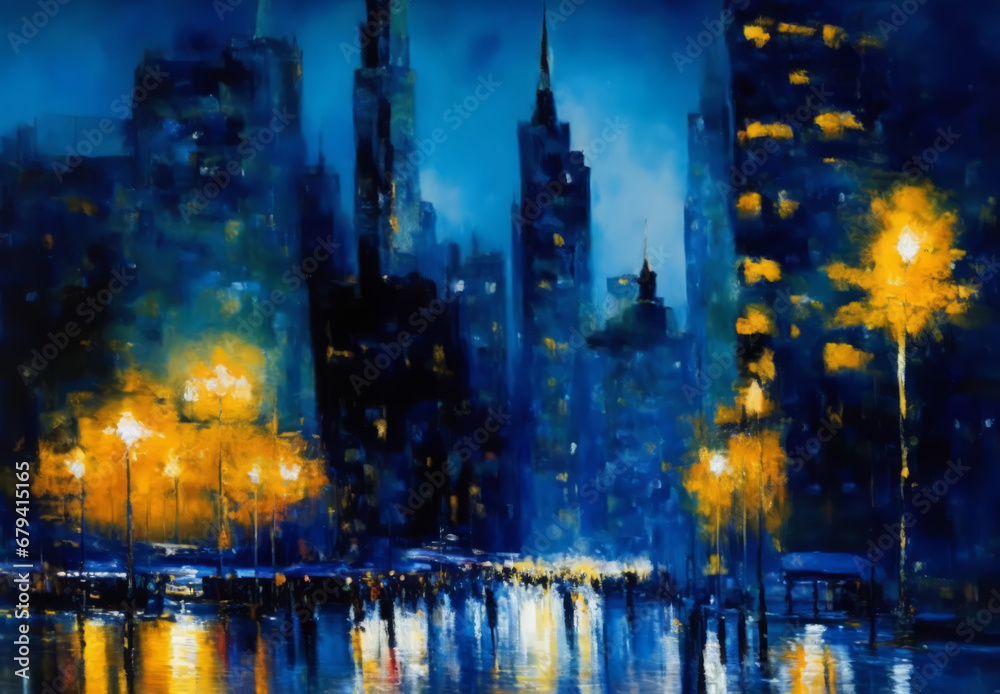 An oil painting of cityscape artwork, night at the city. Oil painting brushes. With skyscrapers like movie. Can be used as background or wallpaper. With blue, black and yellow colors.