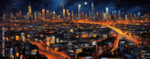 An oil painting of cityscape artwork, night at the city. Oil painting brushes. Can be used as background or wallpaper.