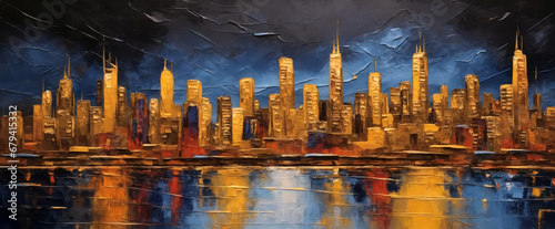 An oil painting of cityscape artwork, night at the city. Oil painting brushes. With skyscrapers like movie. Can be used as background or wallpaper.