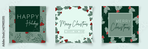 Set of christmas cards templates with branch elements in line art style. Botanical banner xmas frame. Editable vector for sale, card, social media, banner, poster, flyer, web, slide, presentation .	