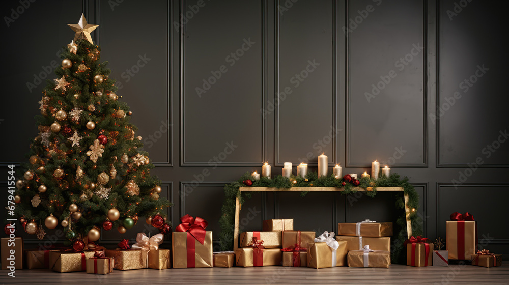 Elegant Christmas tree surrounded by gifts and warm candlelight. Beautifully decorated Christmas setting with tree and presents.