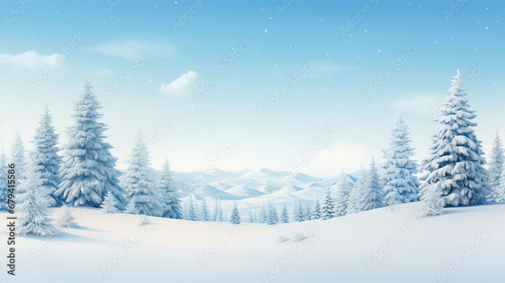 Peaceful snowy pine forest with a mountain range in the background on a clear winter day. Serene winter landscape with snow-covered pine trees and distant mountains under a blue sky.