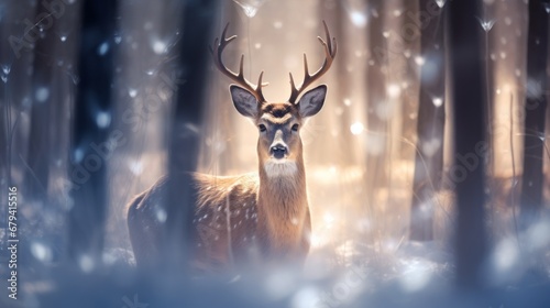 Deer in the Enchanting Snowy Forest. Majestic Winter Wildlife