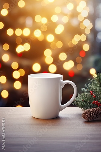 Cozy Christmas mockup with a white coffee mug, pine branches, and warm bokeh lights. White mug on a wooden table with festive decorations and a blurry Christmas light background.