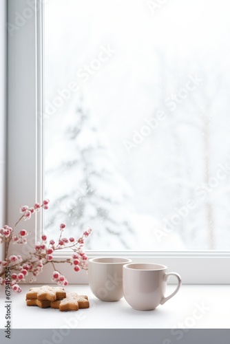 Cozy winter morning with hot coffee and a snowy view from a frost-covered window. Warm and peaceful setting with a cup of coffee by a window overlooking a snowy landscape.