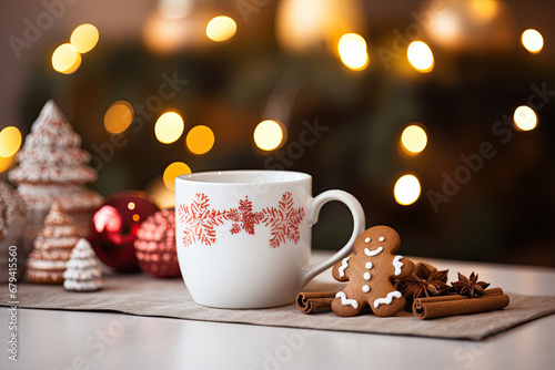 Festive Christmas mug with gingerbread man and cinnamon. Cozy winter scene with Christmas spices and gingerbread.
