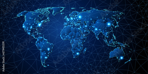 Modern world map with connection lines and capital cities