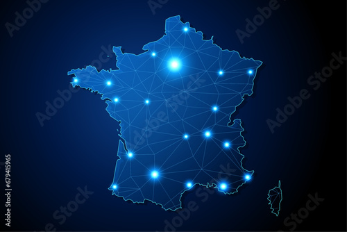 France - country shape with lines connecting major cities