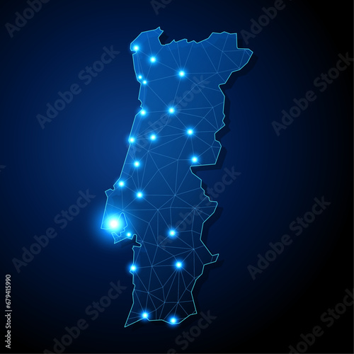 Portugal - country shape with lines connecting major cities