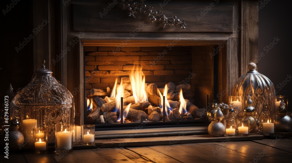 Warm Winter Vibes. Fireplace with Christmas Decorations in a Cozy Home Interior Warm Winter Vibes. Fireplace with Christmas Decorations in a Cozy Home Interior
