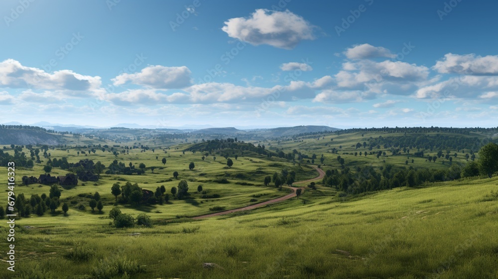 A panoramic view of a serene countryside with rolling hills and a clear blue sky, perfect for countryside or farming game streams.