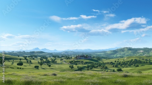 A panoramic view of a serene countryside with rolling hills and a clear blue sky, perfect for countryside or farming game streams.