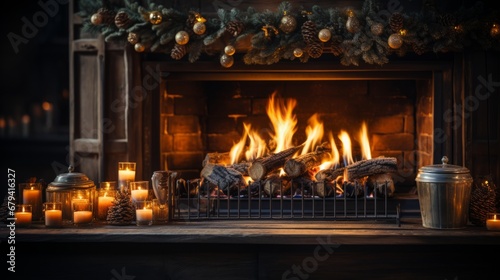 Warm Winter Vibes. Fireplace with Christmas Decorations in a Cozy Home Interior