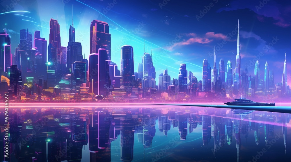 A vibrant, futuristic cityscape with neon lights and reflections on water, perfect for a cyberpunk-themed stream.