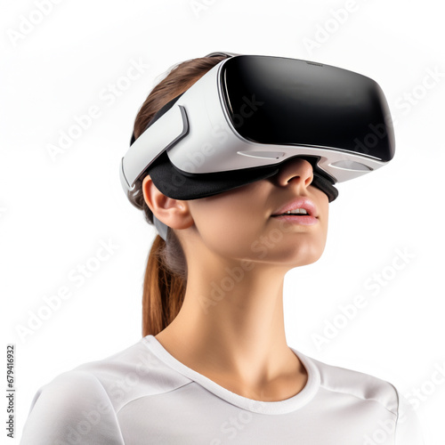 Woman in VR Headset isolated on white background, AI Generative.