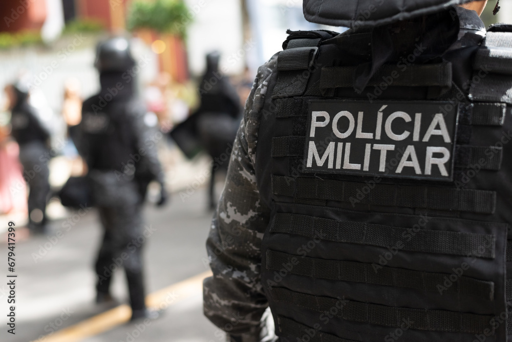 Fototapeta premium Military police soldiers are seen during the Brazilian Independence Day parade in the city of Salvador, Bahia.