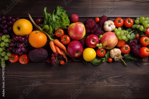 Mixed vegetables on wooden table top view. Organic food from farm. Generative AI