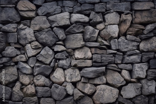 Dark masonry wall texture. Black stones and rocks of different shape, gray background. Generative AI photo