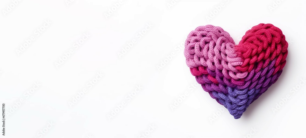 Colorful knitted heart on white background. Top view with copy space