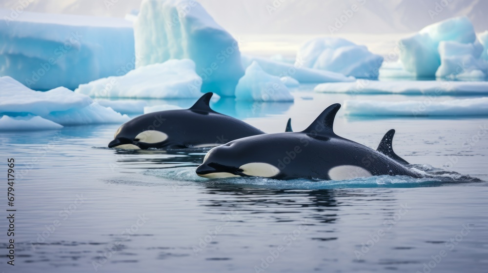 Fototapeta premium Graceful Orcas Navigate Icy Waters Under Arctic Sun