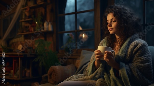 Woman holding a cup of coffee in cozy house