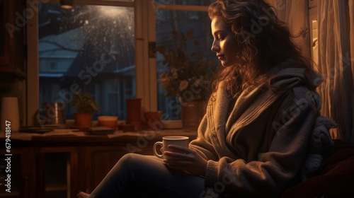 Woman holding a cup of coffee in cozy house
